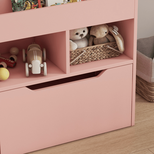 HOMCOM Estante de Madeira para Brinquedos com 3 Compartimentos 2 Prateleiras e Gaveta Móvel com 4 Rodas Estante para Livros Infantil para Dormitório Infantil Sala de Jogos 60x29,9x90 cm Rosa