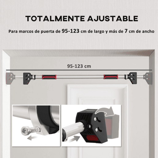 SPORTNOW Barra de Elevação para Porta Barra para Fazer Elevações Ajustável de 95 cm a 123 cm Carga 200 kg para Exercícios e Treino em Casa Ginásio Vermelho e Preto
