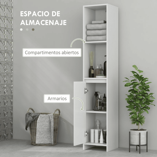 HOMCOM Coluna Casa de Banho Armário Alto Casa de Banho com Porta 2 Prateleiras Abertas Anti-Tombo Estilo Moderno 30x30x160 cm Branco