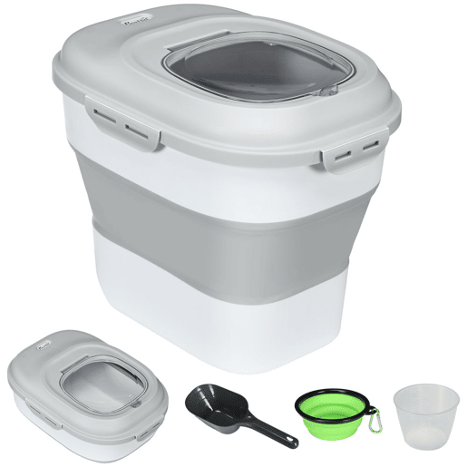 PawHut Recipiente de alimentação dobrável de 25l, recipiente de comida para cães com rodas, copo de medição, tigela dobrável e colher, recipiente de comida para animais de estimação, gatos, cinza