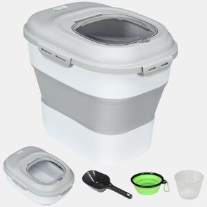 PawHut Recipiente de alimentação dobrável de 25l, recipiente de comida para cães com rodas, copo de medição, tigela dobrável e colher, recipiente de comida para animais de estimação, gatos, cinza