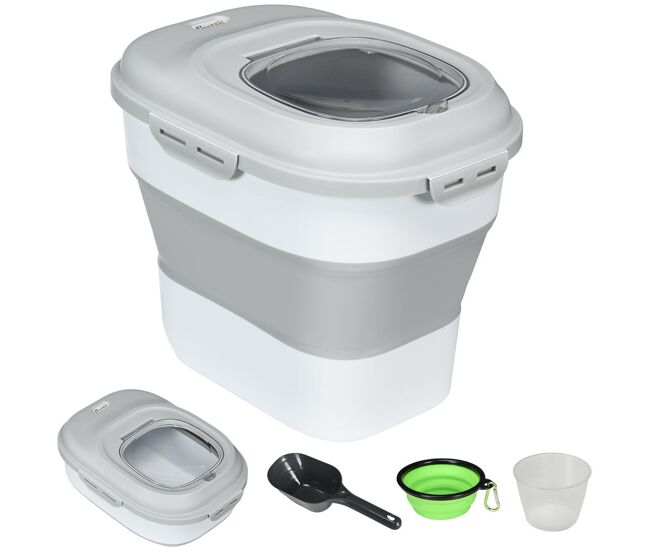 Pawhut contenedor de comida para perros plegable 25l contenedor de pienso con ruedas taza medidora cuenco plegable y cuchara contenedor de comida para