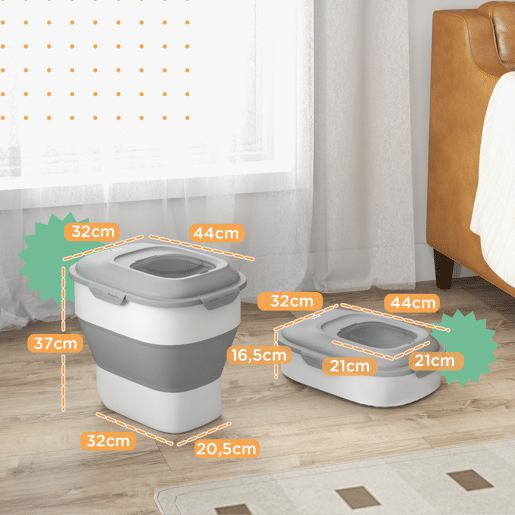 PawHut Recipiente de alimentação dobrável de 25l, recipiente de comida para cães com rodas, copo de medição, tigela dobrável e colher, recipiente de comida para animais de estimação, gatos, cinza