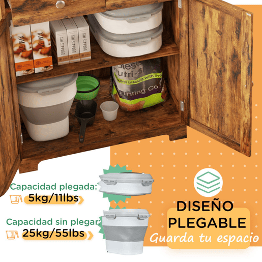 PawHut Recipiente de alimentação dobrável de 25l, recipiente de comida para cães com rodas, copo de medição, tigela dobrável e colher, recipiente de comida para animais de estimação, gatos, cinza