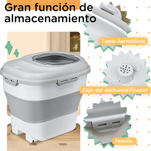 PawHut Recipiente de alimentação dobrável de 25l, recipiente de comida para cães com rodas, copo de medição, tigela dobrável e colher, recipiente de comida para animais de estimação, gatos, cinza