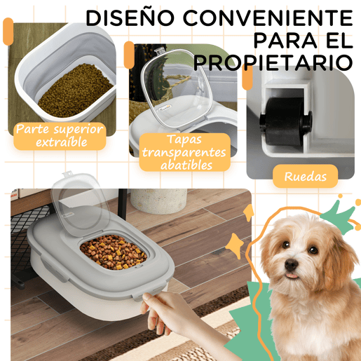 PawHut Recipiente de alimentação dobrável de 25l, recipiente de comida para cães com rodas, copo de medição, tigela dobrável e colher, recipiente de comida para animais de estimação, gatos, cinza
