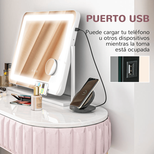 HOMCOM Espelho de Maquilhagem com Luzes Espelho de Toucador Giratório 58x46 cm com 3 Modos de Iluminação Interruptor Tátil Espelho de Maquilhagem com Suporte para Telemóvel e Entrada USB Branco