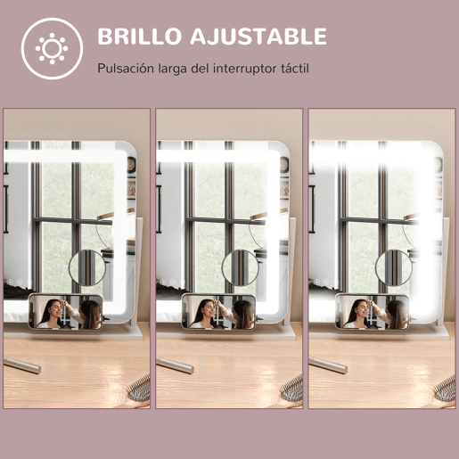 HOMCOM Espelho de Maquilhagem com Luzes Espelho de Toucador Giratório 58x46 cm com 3 Modos de Iluminação Interruptor Tátil Espelho de Maquilhagem com Suporte para Telemóvel e Entrada USB Branco