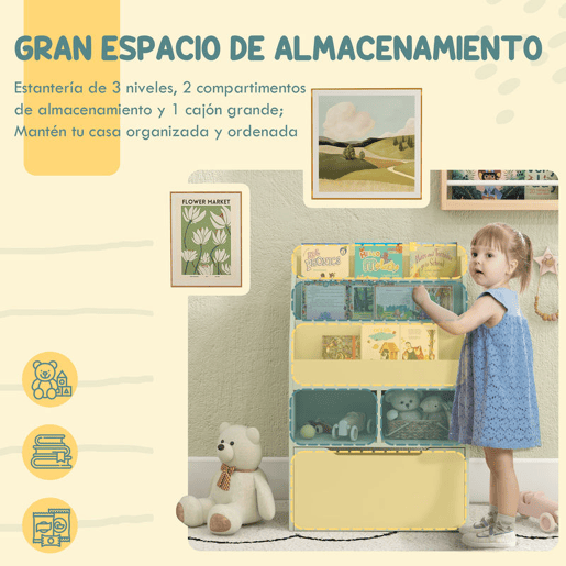 HOMCOM Estante de Madeira para Brinquedos com 3 Compartimentos 2 Prateleiras e Gaveta Móvel com 4 Rodas Estante para Livros Infantil para Dormitório Infantil Sala de Jogos 60x29,9x90 cm Verde