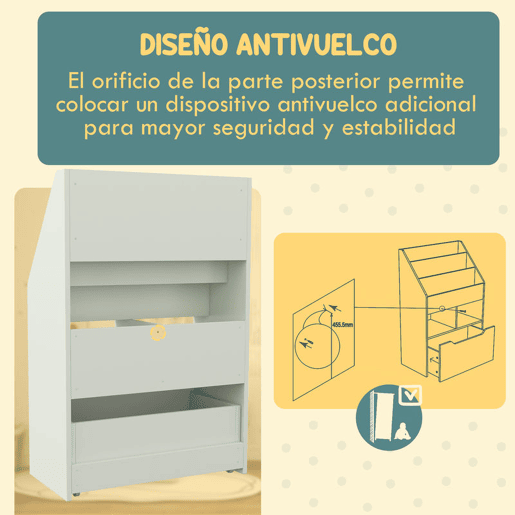 HOMCOM Estante de Madeira para Brinquedos com 3 Compartimentos 2 Prateleiras e Gaveta Móvel com 4 Rodas Estante para Livros Infantil para Dormitório Infantil Sala de Jogos 60x29,9x90 cm Verde