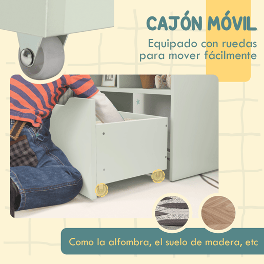 HOMCOM Estante de Madeira para Brinquedos com 3 Compartimentos 2 Prateleiras e Gaveta Móvel com 4 Rodas Estante para Livros Infantil para Dormitório Infantil Sala de Jogos 60x29,9x90 cm Verde