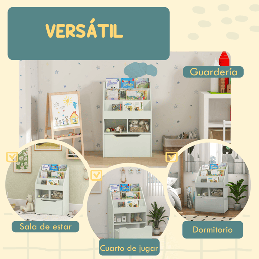 HOMCOM Estante de Madeira para Brinquedos com 3 Compartimentos 2 Prateleiras e Gaveta Móvel com 4 Rodas Estante para Livros Infantil para Dormitório Infantil Sala de Jogos 60x29,9x90 cm Verde