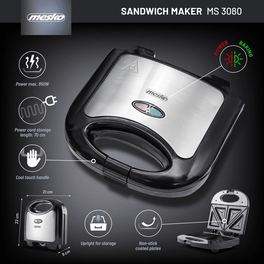 Mesko MS3080 Sanduicheira 4 Sanduíches Forma Triangular, Revestimento Anti-aderente, Temperatura Automática, 850, Prata negra