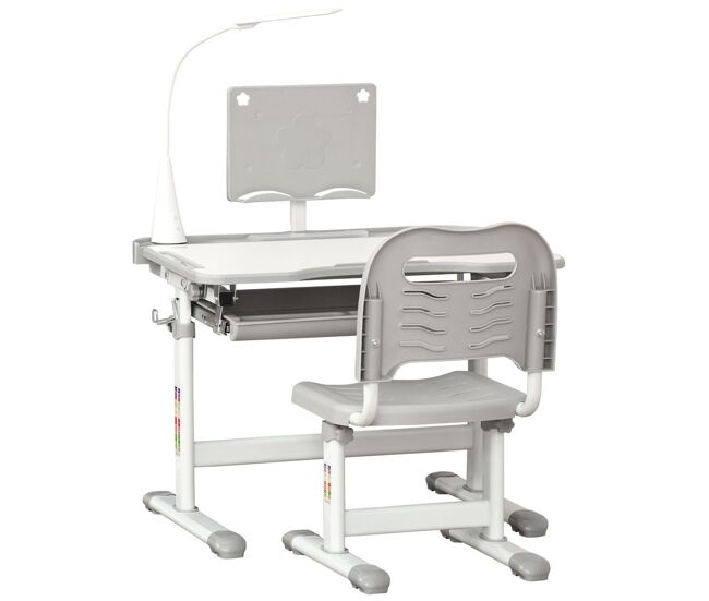 Homcom juego de escritorio y silla para niños de +6 años pupitre infantil altura ajustable escritorio infantil con mesa inclinable lámpara cajón y