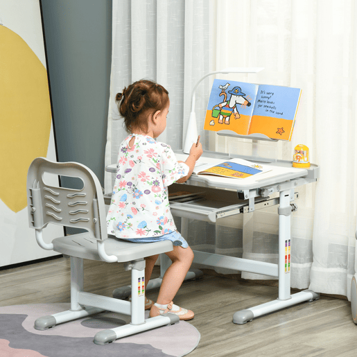 HOMCOM Conjunto de Secretária e Mesa para Crianças acima de 6 Anos Secretária Infantil com Altura Ajustável Mesa Inclinável Lâmpada Gaveta e Prateleira para Livros Cinza