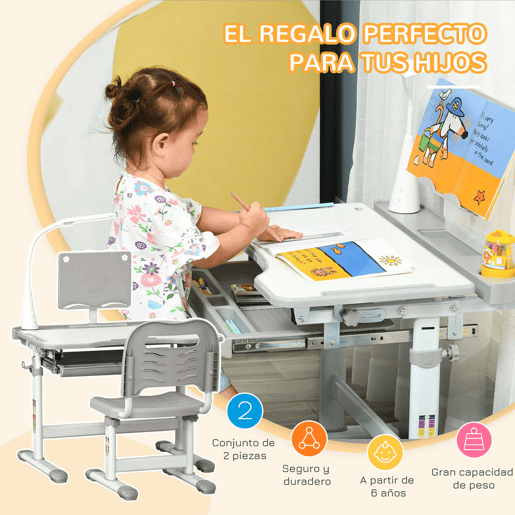 HOMCOM Conjunto de Secretária e Mesa para Crianças acima de 6 Anos Secretária Infantil com Altura Ajustável Mesa Inclinável Lâmpada Gaveta e Prateleira para Livros Cinza