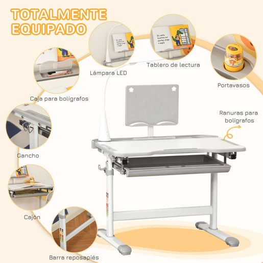 HOMCOM Conjunto de Secretária e Mesa para Crianças acima de 6 Anos Secretária Infantil com Altura Ajustável Mesa Inclinável Lâmpada Gaveta e Prateleira para Livros Cinza