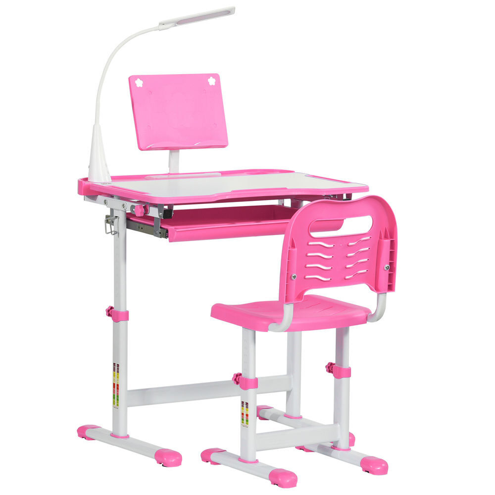 Homcom juego de escritorio y silla para niños de +6 años pupitre infantil altura ajustable escritorio infantil con mesa inclinable lámpara cajón y estante para libros rosa
