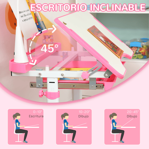 HOMCOM Conjunto de Secretária e Mesa para Crianças acima de 6 Anos Secretária Infantil com Altura Ajustável Mesa Inclinável Lâmpada Gaveta e Prateleira para Livros Rosa