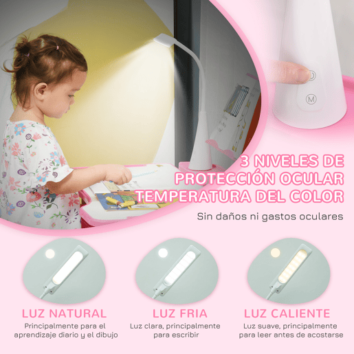 HOMCOM Conjunto de Secretária e Mesa para Crianças acima de 6 Anos Secretária Infantil com Altura Ajustável Mesa Inclinável Lâmpada Gaveta e Prateleira para Livros Rosa
