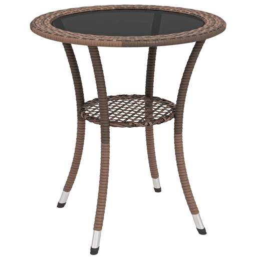 Outsunny Mesa de Vime Redonda Ø64x71 cm Mesa de Jardim com Estante Estrutura de Aço e Tampo de Vidro Suporta 50 kg para Terraço Pátio Castanho