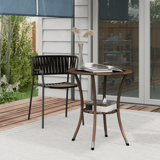Outsunny Mesa de Vime Redonda Ø64x71 cm Mesa de Jardim com Estante Estrutura de Aço e Tampo de Vidro Suporta 50 kg para Terraço Pátio Castanho