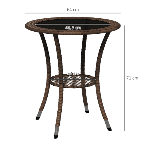 Outsunny Mesa de Vime Redonda Ø64x71 cm Mesa de Jardim com Estante Estrutura de Aço e Tampo de Vidro Suporta 50 kg para Terraço Pátio Castanho