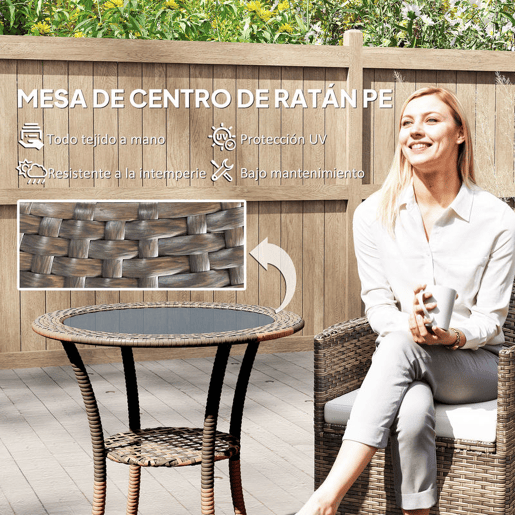 Outsunny Mesa de Vime Redonda Ø64x71 cm Mesa de Jardim com Estante Estrutura de Aço e Tampo de Vidro Suporta 50 kg para Terraço Pátio Castanho