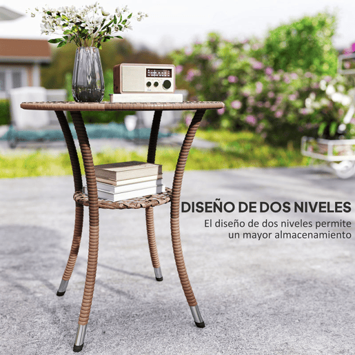 Outsunny Mesa de Vime Redonda Ø64x71 cm Mesa de Jardim com Estante Estrutura de Aço e Tampo de Vidro Suporta 50 kg para Terraço Pátio Castanho