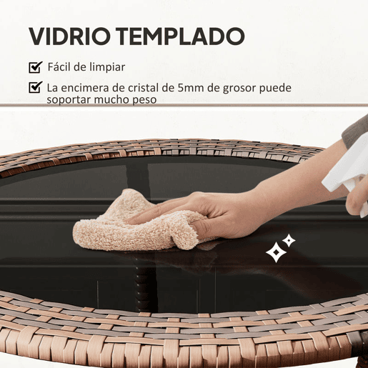 Outsunny Mesa de Vime Redonda Ø64x71 cm Mesa de Jardim com Estante Estrutura de Aço e Tampo de Vidro Suporta 50 kg para Terraço Pátio Castanho