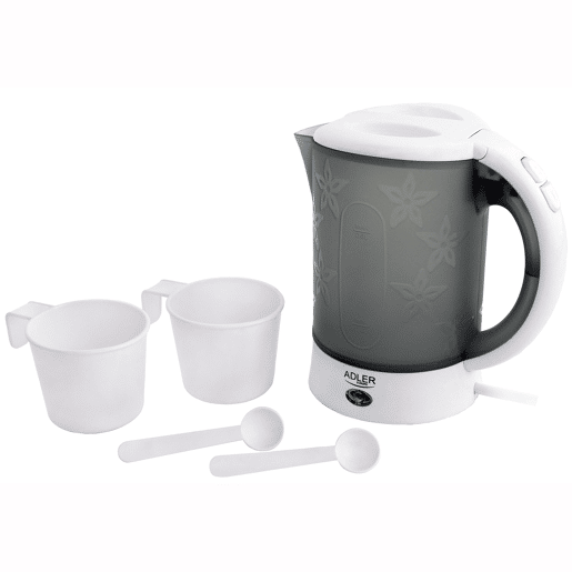 Adler AD1268 Chaleira Elétrica de Viagem 0,6 L Sem BPA, Desligamento Automático, Resistência de Aço Inox, 900, Cinza branco