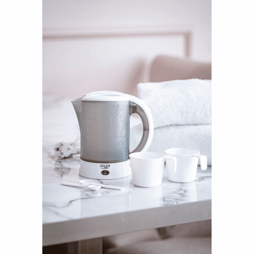 Adler AD1268 Chaleira Elétrica de Viagem 0,6 L Sem BPA, Desligamento Automático, Resistência de Aço Inox, 900, Cinza branco