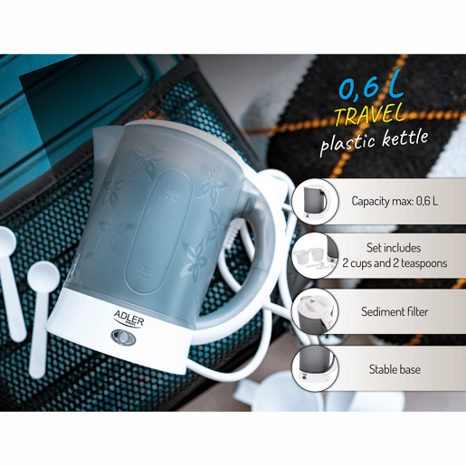 Adler AD1268 Chaleira Elétrica de Viagem 0,6 L Sem BPA, Desligamento Automático, Resistência de Aço Inox, 900, Cinza branco