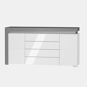 Aparador com 2 portas e 4 gavetas, com iluminação LED incluída, modelo Teo, em branco e cinzento