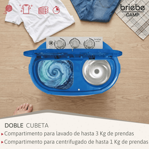 Briebe WM1140 Mini Máquina de Lavar Roupa Portátil com Centrifugadora, Ideal para Campismo, 3Kg, 2 Compartimentos, 190 , BrancoAzul