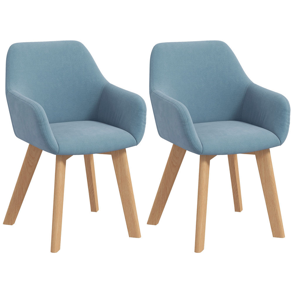 Homcom pack de 2 sillas de comedor modernas, sillas de cocina tapizado en terciopelo, con respaldo, reposabrazos y patas de madera, carga 120 kg, para salón, dormitorio, 54x57x80 cm, azul claro