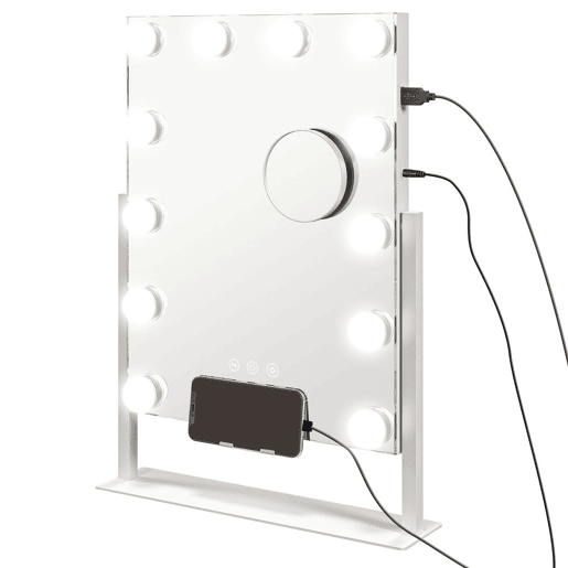 HOMCOM Espelho de Maquilhagem Estilo Hollywood com Luzes Espelho de Toucador Giratório 30x40 cm com 12 Lâmpadas LED 3 Modos de Iluminação Ajustáveis Interruptor Tátil Suporte para Telemóvel e Entrada USB Branco