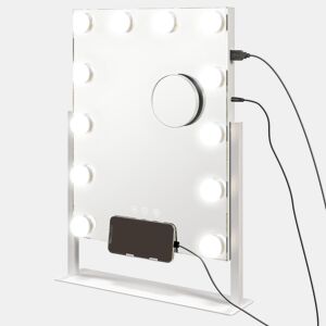 HOMCOM Espelho de Maquilhagem Estilo Hollywood com Luzes Espelho de Toucador Giratório 30x40 cm com 12 Lâmpadas LED 3 Modos de Iluminação Ajustáveis Interruptor Tátil Suporte para Telemóvel e Entrada USB Branco
