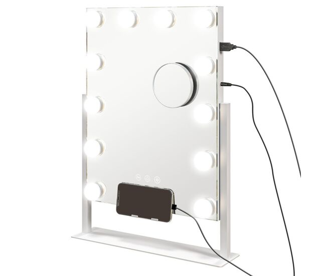 Homcom hollywood espejo de maquillaje con luz espejo de tocador giratorio 30x40 cm con bombillas led modos de iluminación ajustables interruptor táctil soporte para teléfono y puerto usb blanco