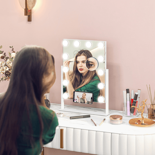 HOMCOM Espelho de Maquilhagem Estilo Hollywood com Luzes Espelho de Toucador Giratório 30x40 cm com 12 Lâmpadas LED 3 Modos de Iluminação Ajustáveis Interruptor Tátil Suporte para Telemóvel e Entrada USB Branco