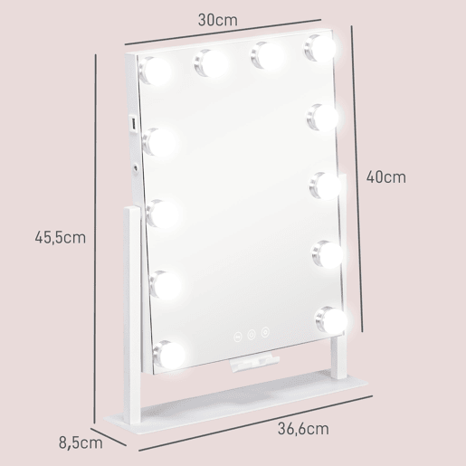 HOMCOM Espelho de Maquilhagem Estilo Hollywood com Luzes Espelho de Toucador Giratório 30x40 cm com 12 Lâmpadas LED 3 Modos de Iluminação Ajustáveis Interruptor Tátil Suporte para Telemóvel e Entrada USB Branco