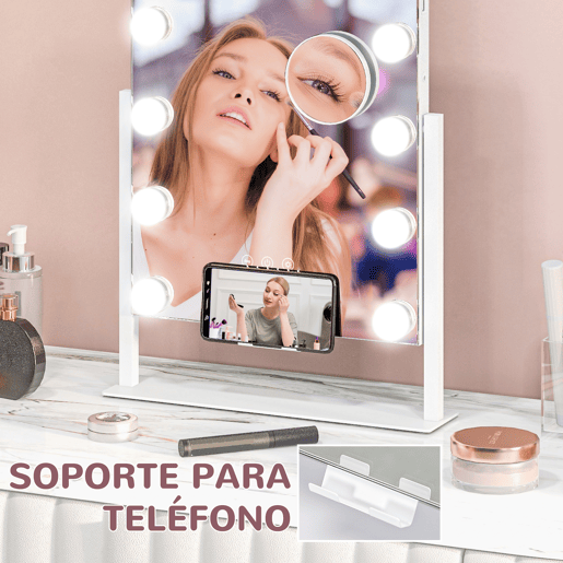 HOMCOM Espelho de Maquilhagem Estilo Hollywood com Luzes Espelho de Toucador Giratório 30x40 cm com 12 Lâmpadas LED 3 Modos de Iluminação Ajustáveis Interruptor Tátil Suporte para Telemóvel e Entrada USB Branco
