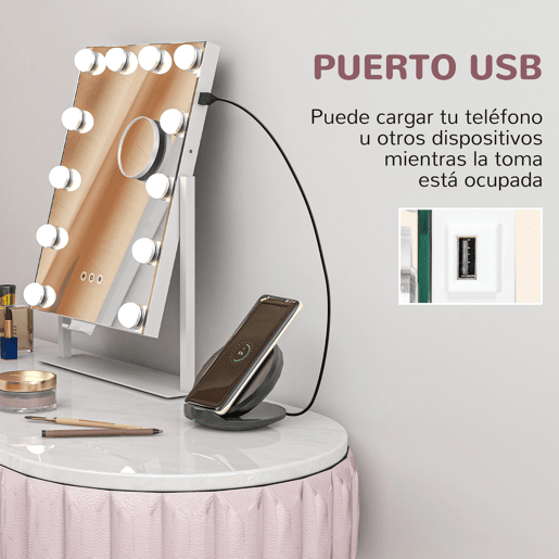 HOMCOM Espelho de Maquilhagem Estilo Hollywood com Luzes Espelho de Toucador Giratório 30x40 cm com 12 Lâmpadas LED 3 Modos de Iluminação Ajustáveis Interruptor Tátil Suporte para Telemóvel e Entrada USB Branco