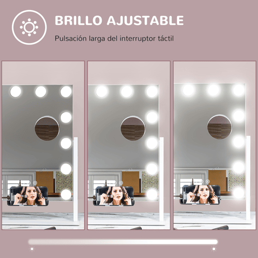 HOMCOM Espelho de Maquilhagem Estilo Hollywood com Luzes Espelho de Toucador Giratório 30x40 cm com 12 Lâmpadas LED 3 Modos de Iluminação Ajustáveis Interruptor Tátil Suporte para Telemóvel e Entrada USB Branco