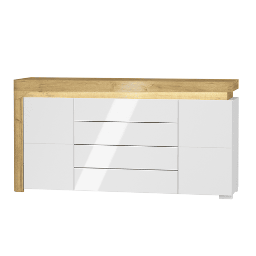 Aparador 2 portas 4 gavetas LED incluída Teo Branco e Madeira