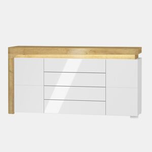 Aparador 2 portas 4 gavetas LED incluída Teo Branco e Madeira