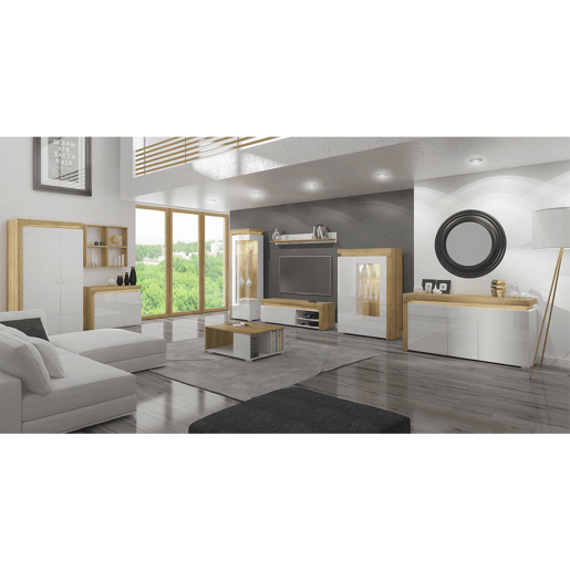 Aparador 2 portas 4 gavetas LED incluída Teo Branco e Madeira