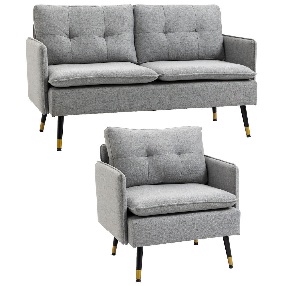 Homcom conjunto de sofá incluye 1 sofá de 2 plazas y 1 butaca de salón con reposabrazos asiento acolchado y patas de acero para dormitorio oficina gris