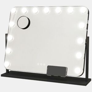 HOMCOM Espelho de Maquilhagem Estilo Hollywood com Luzes Espelho de Toucador Giratório 58x46 cm com 14 Lâmpadas LED 3 Modos de Iluminação Ajustáveis Interruptor Tátil Suporte para Telemóvel e Entrada USB Preto
