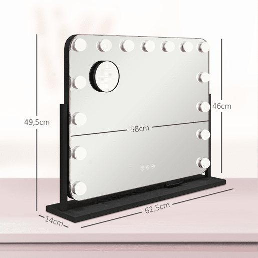 HOMCOM Espelho de Maquilhagem Estilo Hollywood com Luzes Espelho de Toucador Giratório 58x46 cm com 14 Lâmpadas LED 3 Modos de Iluminação Ajustáveis Interruptor Tátil Suporte para Telemóvel e Entrada USB Preto